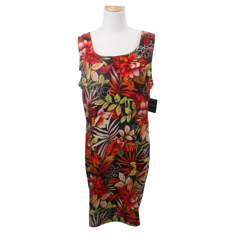 Sag Harbor Dress Womens 16 Black Red Tropical Floral Sleeveless Sheath 20-43258